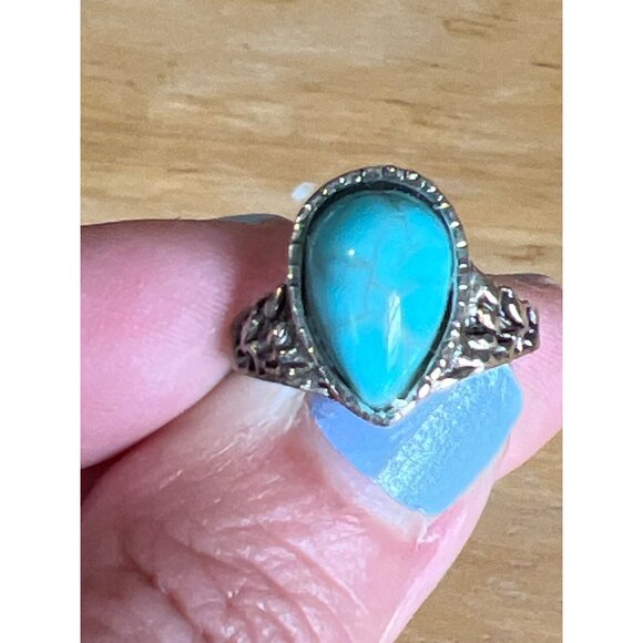Vintage Turquoise Style Teardrop Ring approx sz 4.5 Silver Tone Costume sotuhwes - Picture 2 of 5